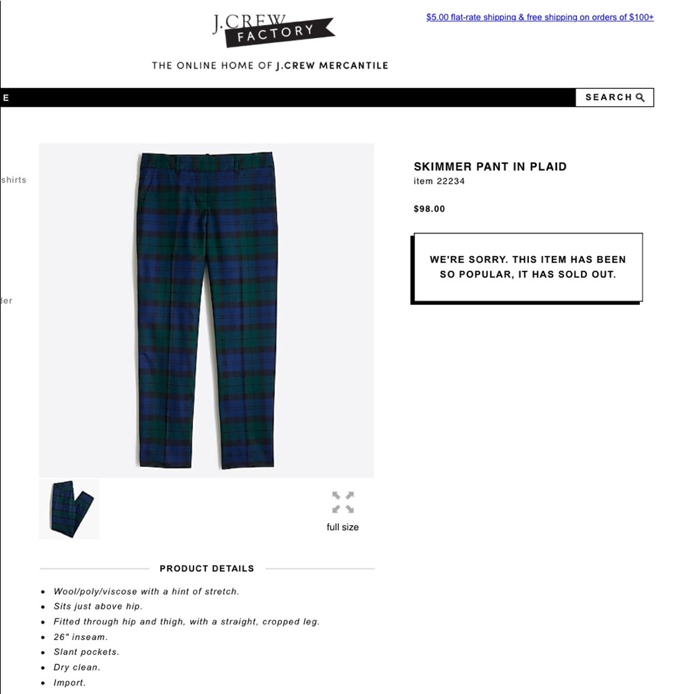 Jcrew Skimmer Pant in Plaid, size 8